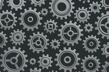 Gears of various sizes interlocked and arranged on a dark background creating a mechanical pattern