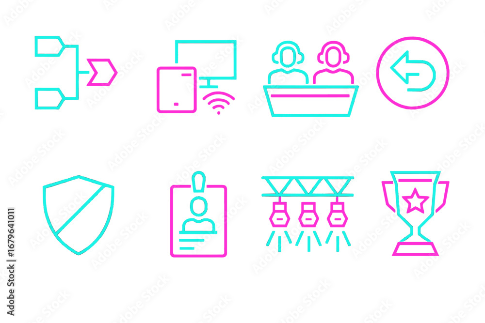 Aufkleber modern technology icons representing various digital activities and services in a vibrant color sche