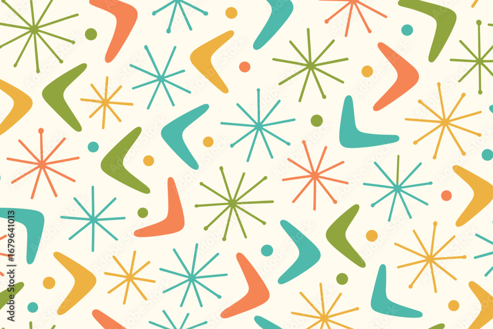 Poster colorful geometric pattern featuring retro shapes and stars in soft pastel tones on a light backgrou