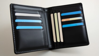 Open black leather wallet with several blue cards and a few beige cards tucked in, laid flat.