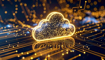 Glowing cloud computing concept with illuminated circuit board background and golden lights. Concept for data storage, cloud infrastructure and digital network solution