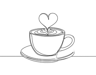 Continuous line drawing of a cup of coffee with heart-shaped steam