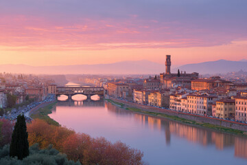 Obraz premium experience breathtaking sunset over historic architecture of florence where golden hues of dusk kiss ancient