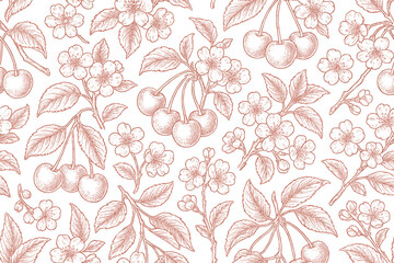 Obraz premium Floral and cherry pattern with detailed illustrations in soft pink tones for textile design