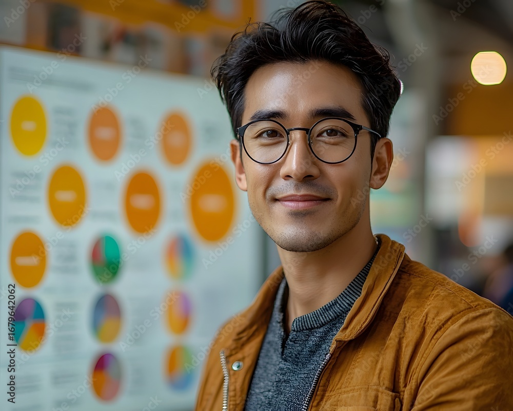 Poster confident young man with glasses smiles in a modern business setting a display of colorful data char