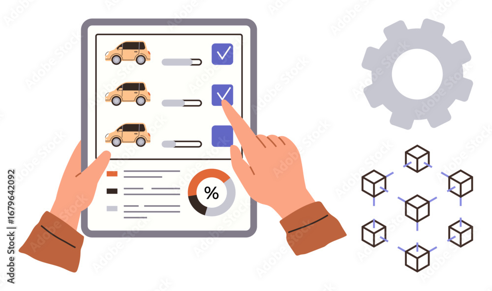 Poster hands managing vehicle preferences on a checklist with bar and pie charts, gear for automation, and 