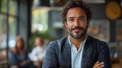 Obraz premium Confident professional man with curly hair and a beard smiling and looking directly at the in a modern indoor business setting