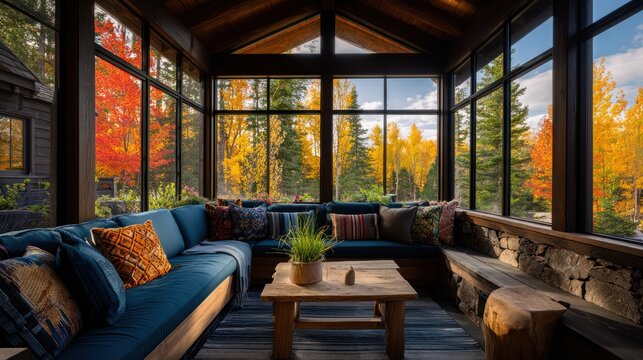 Cozy sunroom with blue seating, rustic table, & fall foliage view through large windows