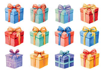 Set of watercolor boxes. Boxes wrapped in brown paper and decorated with bows. Gift boxes for birthday, Christmas, giveaways, etc. Vector illustration.