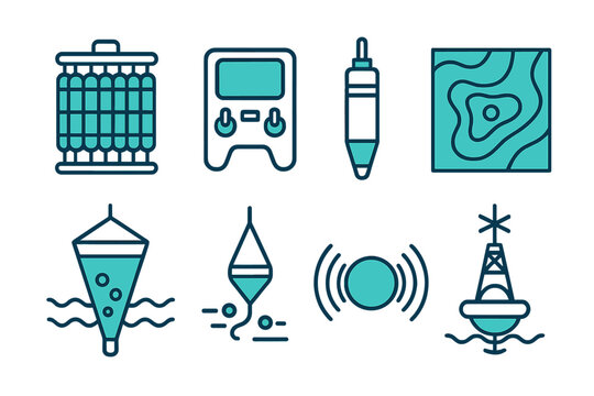 Neon oceanographic research icons including CTD rosette, sensors, sonar, buoys, and bathymetric maps