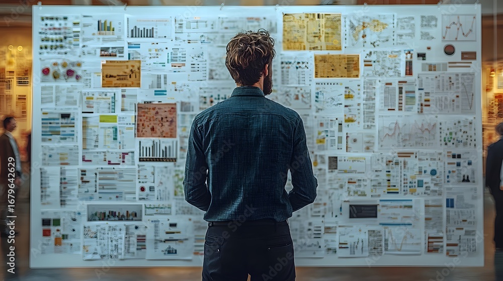 Poster a man stands engrossed in a massive wall display of intricate charts graphs and documents meticulous