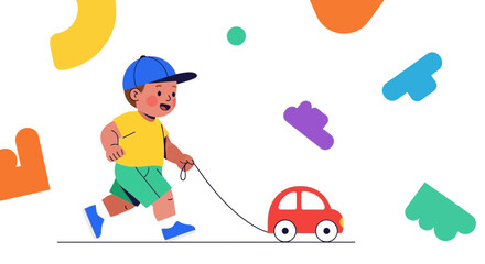 Joyful Child Adorably Playing With a Toy Car and Running Around in Whimsical Scene