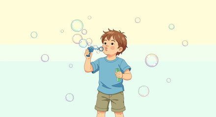 Fototapeta premium Joyful Child Blowing Bubbles On A Sunny Day Creating Whimsical Amusement And Entertainment