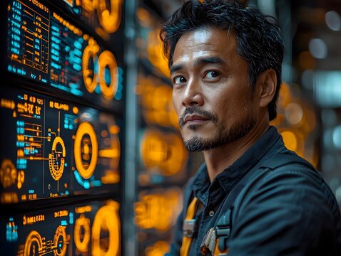 A focused professional oversees complex digital systems in a high tech data center with illuminated screens displaying abstract data and intricate