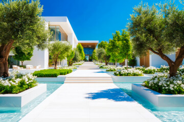 Fototapeta premium A serene and contemporary modern office park driveway with a beautifully landscaped scene featuring elegant olive trees and lush greenery