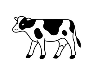 Minimalist vector of a black and white cow walking with udder. Clean linear farm animal design for agriculture and dairy branding