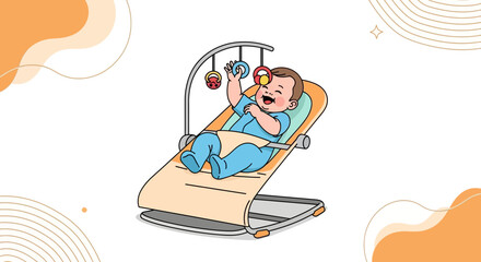 Joyful Infant Playing In A Bouncer With Colorful Hanging Toys For Early Development