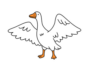 Goose flapping wings in upright pose. Cartoon line art of expressive farm bird