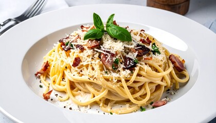 Delicious Spaghetti Carbonara with Crispy Bacon, Parmesan Cheese, and Fresh Basil Garnish on a White Plate