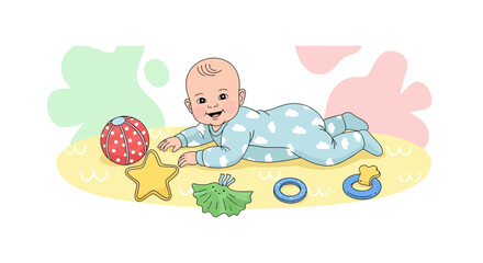 Fototapeta premium Joyful Infant Relaxes With Toys And Smiles Happily In A Colorful Illustrated Composition