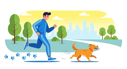 Naklejka premium Joyful Jogging: A Man And His Golden Retriever Enjoying A Sunny Morning