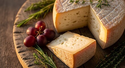 A rustic arrangement of a gourmet cheese wheel with a cut wedge, served with fresh red grapes and herbs on a wooden board