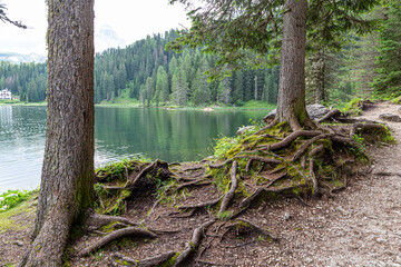 View of the Lake Misurina ( Lago di Misurina).  Dolomites. Italy.