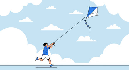 Joyful Kid Running With a Kite In The Air During a Breezy Day Illustration