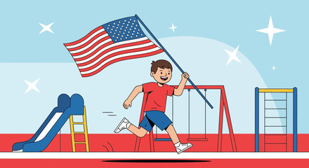 Joyful Kid Running with American Flag on a Playground, Celebrating United States of America