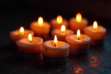 Close-up of several flickering candle flames, casting a warm, inviting glow on a dark background Perfect for themes of relaxation, spirituality, or home ambiance , meditation, candles, interior