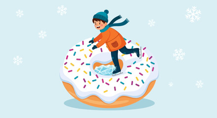 Naklejka premium Joyful Child Ice Skating Upon Sweet Donut, Wintertime Artistic Illustration Scene