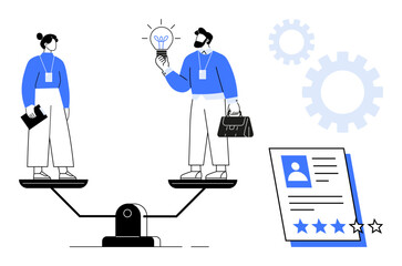 Two professionals balanced on scales discussing ideas, resume analysis and gears symbolizing teamwork. Ideal for human resources, recruitment, equality, decision-making, collaboration, innovation