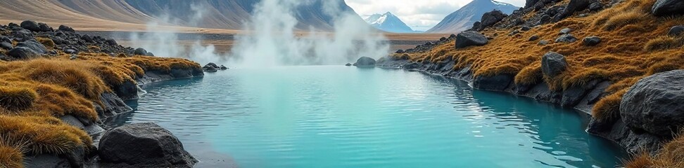 Naklejka premium Relaxing in a geothermal pool surrounded by stunning Icelandic landscape Steaming water, rugged mountains, vibrant moss Perfect for travel, spa, nature imagery , tranquility, mineral