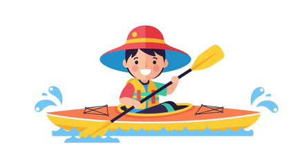 Joyful Person Paddling Kayak on Water with Colorful Hat and Life Jacket