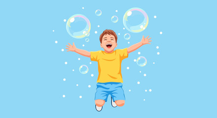 Fototapeta premium Joyful Child Playing With Bubbles in a Bright, Airy Scene, Expressing Pure Delight