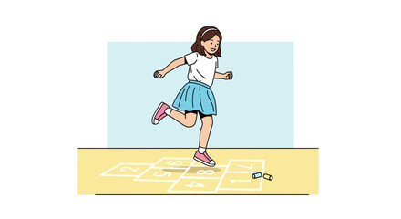 Joyful Schoolgirl Playing Hopscotch, Embracing Childhood Moments, Colorful Illustrated Scene