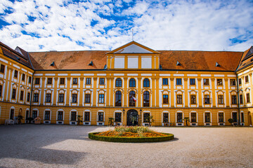 Obraz premium Baroque Jaroměřice nad Rokytnou Castle with gardens and church, historical landmark and cultural monument in the Vysočina region, Czech Republic, European heritage site.