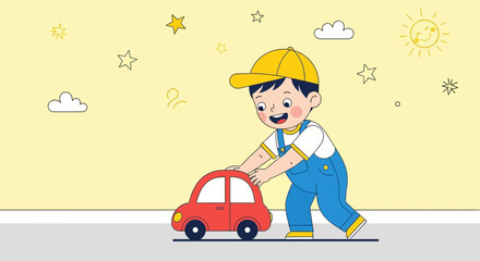 Joyful Child Playing With Toy Car Amidst Whimsical Stars And A Cheerful Smiling Sun