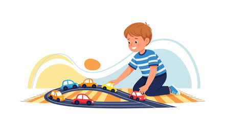 Joyful Child Playing With Toy Cars On A Wavy Track: Playtime Fun Illustration
