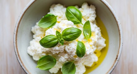 Fresh creamy ricotta cheese topped with vibrant basil leaves and drizzled with golden olive oil in a rustic bowl