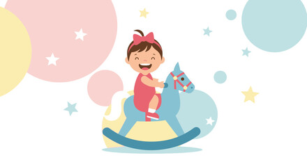 Joyful Toddler Enjoying A Playful Ride On A Wooden Rocking Horse In A Colorful Design