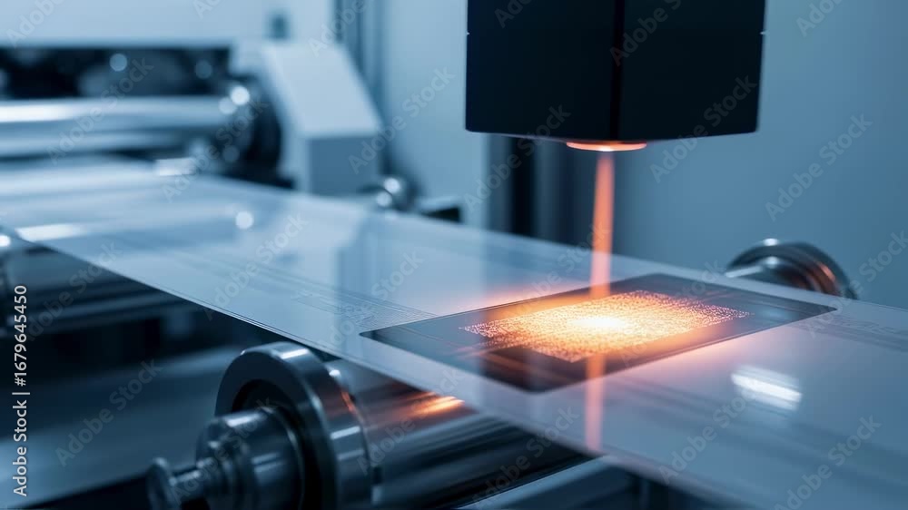 Poster highresolution shot of photoresist layer curing on flexible circuit substrate during rolltoroll phot