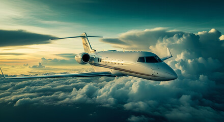 Naklejka premium Luxury Private Jet Flying Above Clouds Sunset Sky