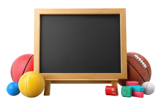 Chalkboard with Assorted Sports Balls and Blocks on Transparent BG