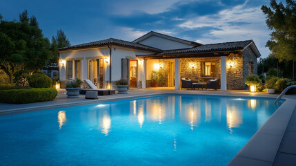 Fototapeta premium A villa with a pool, the luxurious scene illuminated by gentle light. Villa, pool, with copy space
