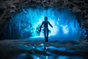 Surreal landscape with people exploring mysterious ice grotto cave. Outdoor adventure. Family exploring huge icy cave, dark majestic landscape. Magical silhouettes on background of illuminated ice