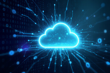 Glowing blue digital cloud symbol with radiating lines and data streams on a dark background representing cloud computing and technology