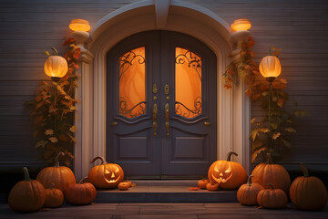 The front doors are beautifully decorated for Halloween, with pumpkins on the steps below