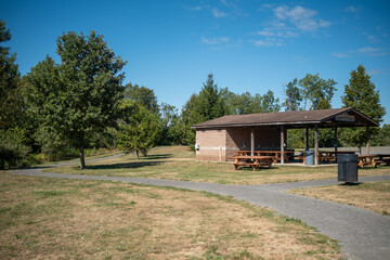 Family gathering at Lafayette Pavilion in a local park on a sunny day