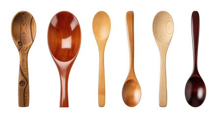 Wooden spoon set including different wood types, natural finishes, and polished styles isolated. Kitchen utensils and cooking tools collection.